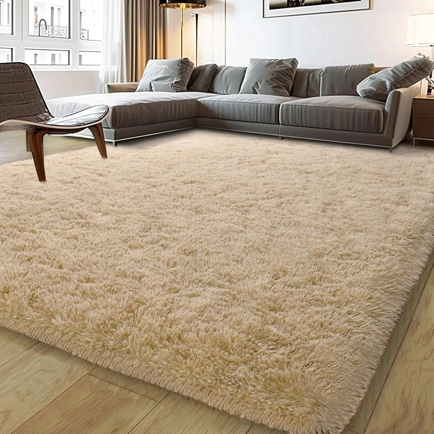 Soft Shag Rugs for Bedroom, 4x6 Beige Fluffy Shaggy Rugs for Living Room Nursery, Luxury Modern Plush Carpet Girls Boys Kids Room Dorm Indoor Home Decor, Upgrade Non-Slip