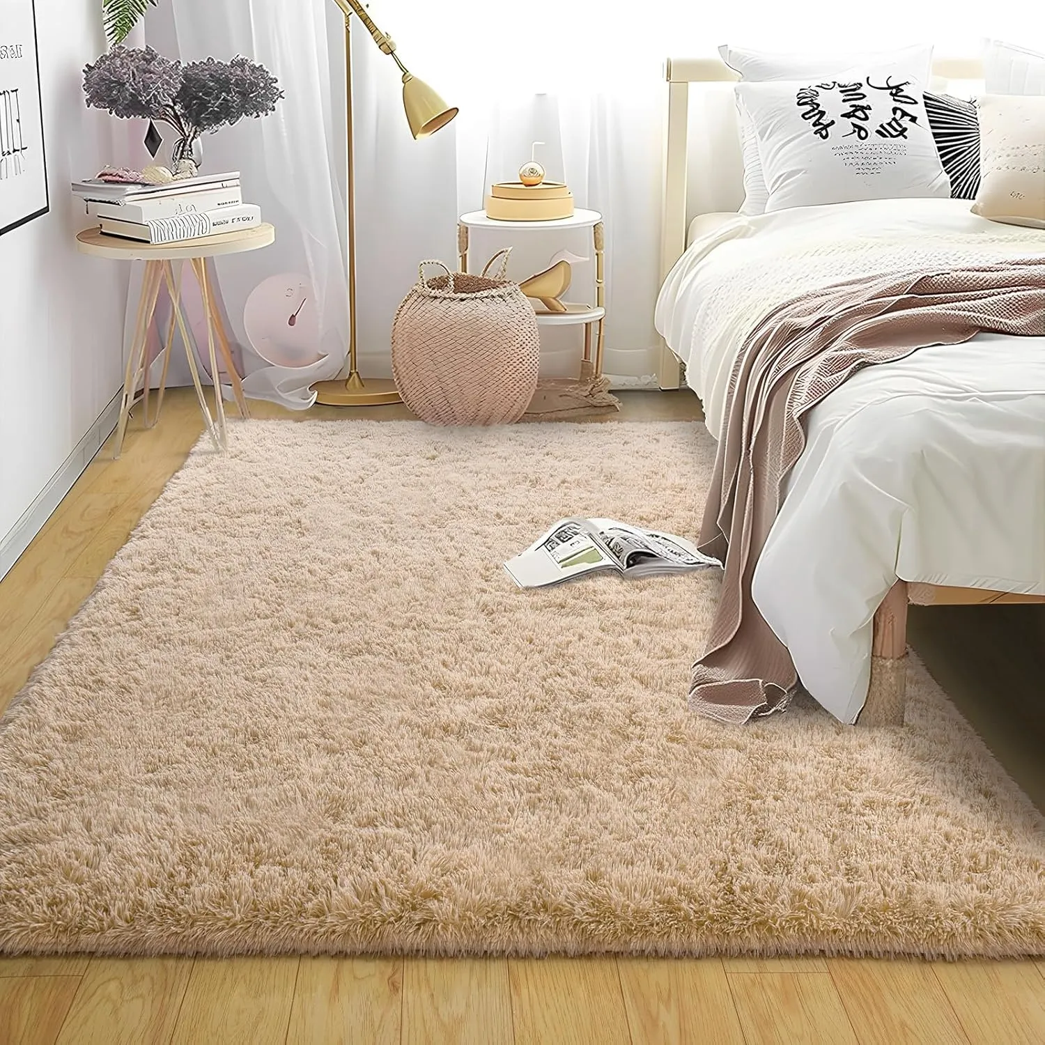 Soft Shag Rugs for Bedroom, 4x6 Beige Fluffy Shaggy Rugs for Living Room Nursery, Luxury Modern Plush Carpet Girls Boys Kids Room Dorm Indoor Home Decor, Upgrade Non-Slip