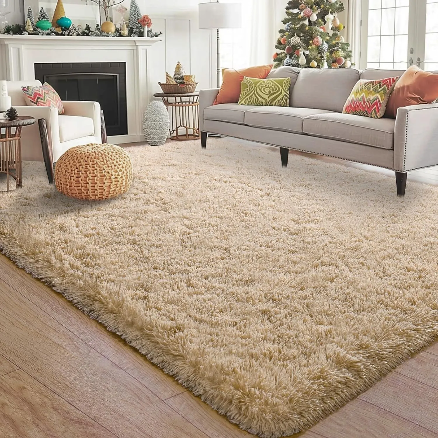 Soft Shag Rugs for Bedroom, 4x6 Beige Fluffy Shaggy Rugs for Living Room Nursery, Luxury Modern Plush Carpet Girls Boys Kids Room Dorm Indoor Home Decor, Upgrade Non-Slip