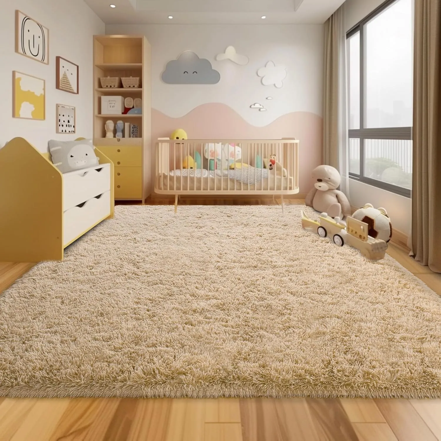 Soft Shag Rugs for Bedroom, 4x6 Beige Fluffy Shaggy Rugs for Living Room Nursery, Luxury Modern Plush Carpet Girls Boys Kids Room Dorm Indoor Home Decor, Upgrade Non-Slip