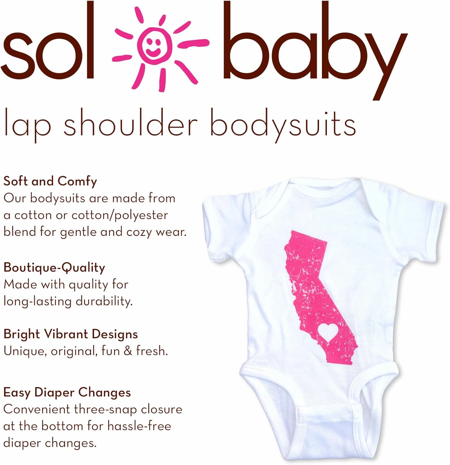Sol Baby California Love White/Pink Bodysuit - Baby Girls Summer Bodysuit, Short Sleeve Romper for Newborns, Infants & Babies