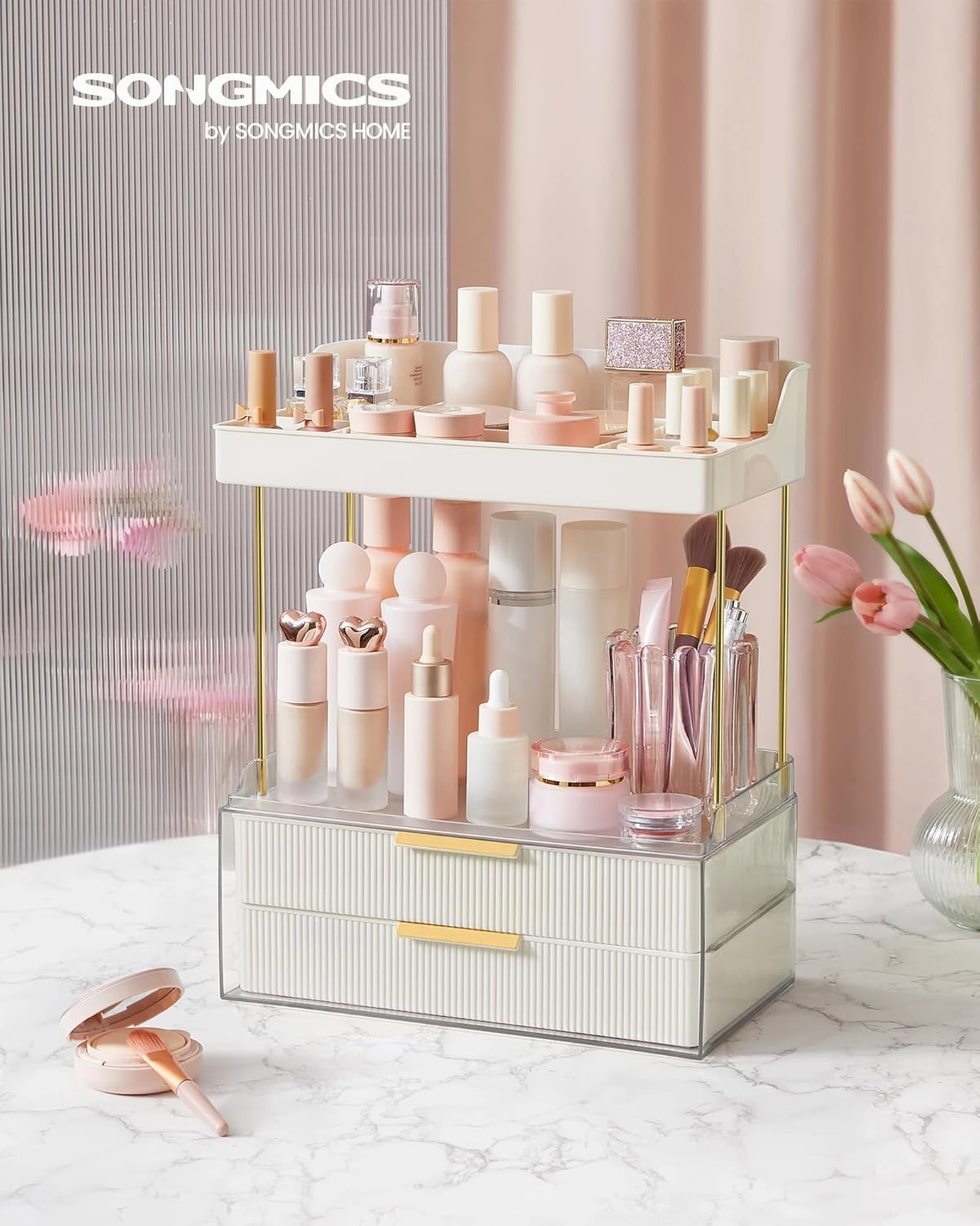 SONGMICS 4-Layer Makeup Organizer, Skincare Organizer, 4 Dividers, Anti-Slip Design, Bathroom Counter Organizer, Versatile for Vanity Bedroom Kitchen, 7.8 x 12.5 x 15.4 Inches, Cloud White UJKA021W01