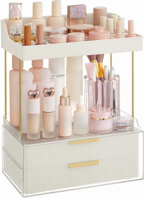 SONGMICS 4-Layer Makeup Organizer, Skincare Organizer, 4 Dividers, Anti-Slip Design, Bathroom Counter Organizer, Versatile for Vanity Bedroom Kitchen, 7.8 x 12.5 x 15.4 Inches, Cloud White UJKA021W01