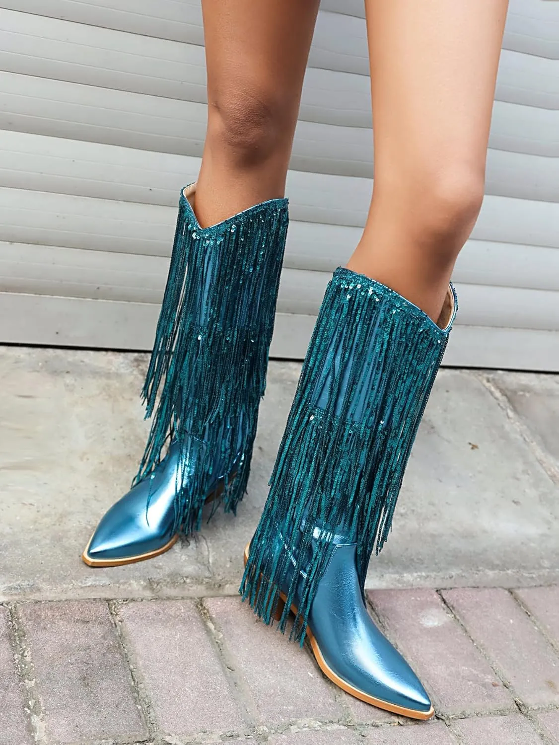 Sparkly Knee High Boots for Women Sequin Boots for Women Sparkle Boots Fringe Pointed Toe Pull On Glitter Cowboy Boots