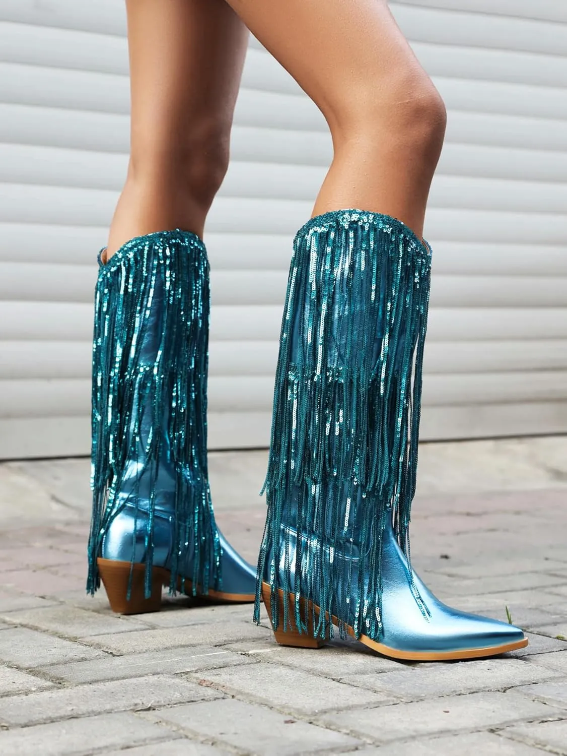 Sparkly Knee High Boots for Women Sequin Boots for Women Sparkle Boots Fringe Pointed Toe Pull On Glitter Cowboy Boots