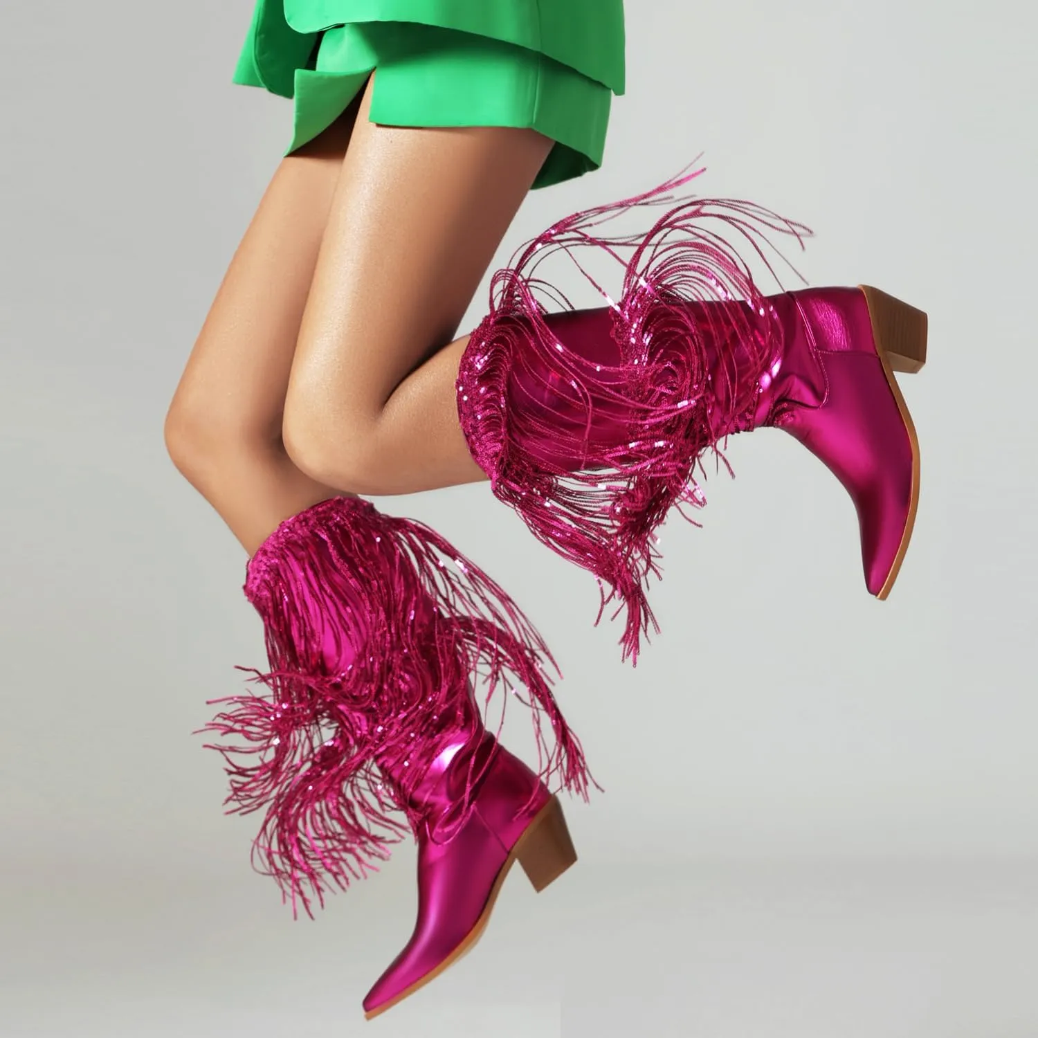 Sparkly Knee High Boots for Women Sequin Boots for Women Sparkle Boots Fringe Pointed Toe Pull On Glitter Cowboy Boots