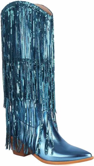 Sparkly Knee High Boots for Women Sequin Boots for Women Sparkle Boots Fringe Pointed Toe Pull On Glitter Cowboy Boots