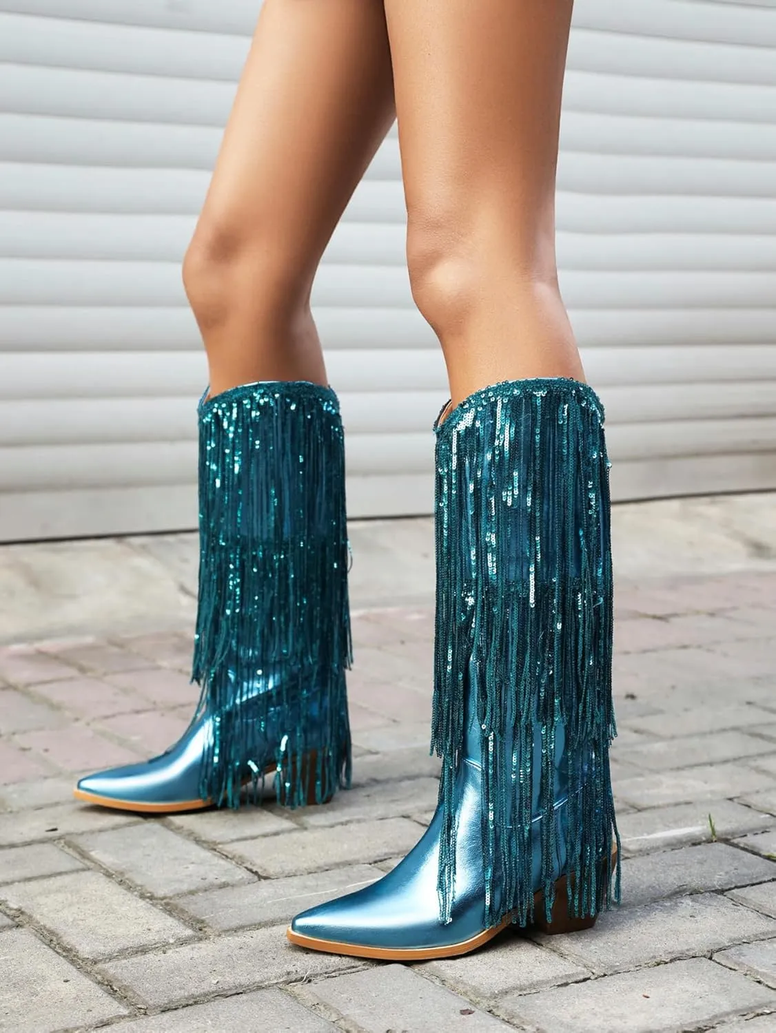 Sparkly Knee High Boots for Women Sequin Boots for Women Sparkle Boots Fringe Pointed Toe Pull On Glitter Cowboy Boots