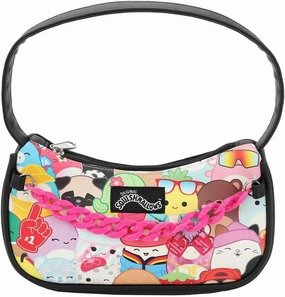 Squishmallows Handbag 4-Piece Gift Box Set Character Collage Design Purse with Pink Chain and Collectible Rubber Charms