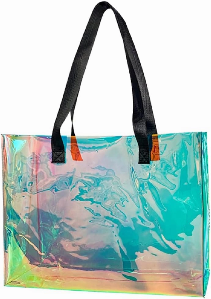 Stadium Approved Blue Large Clear Tote Bag Holographic Clear PVC Shoulder Handbag with handle for Concert Stadium
