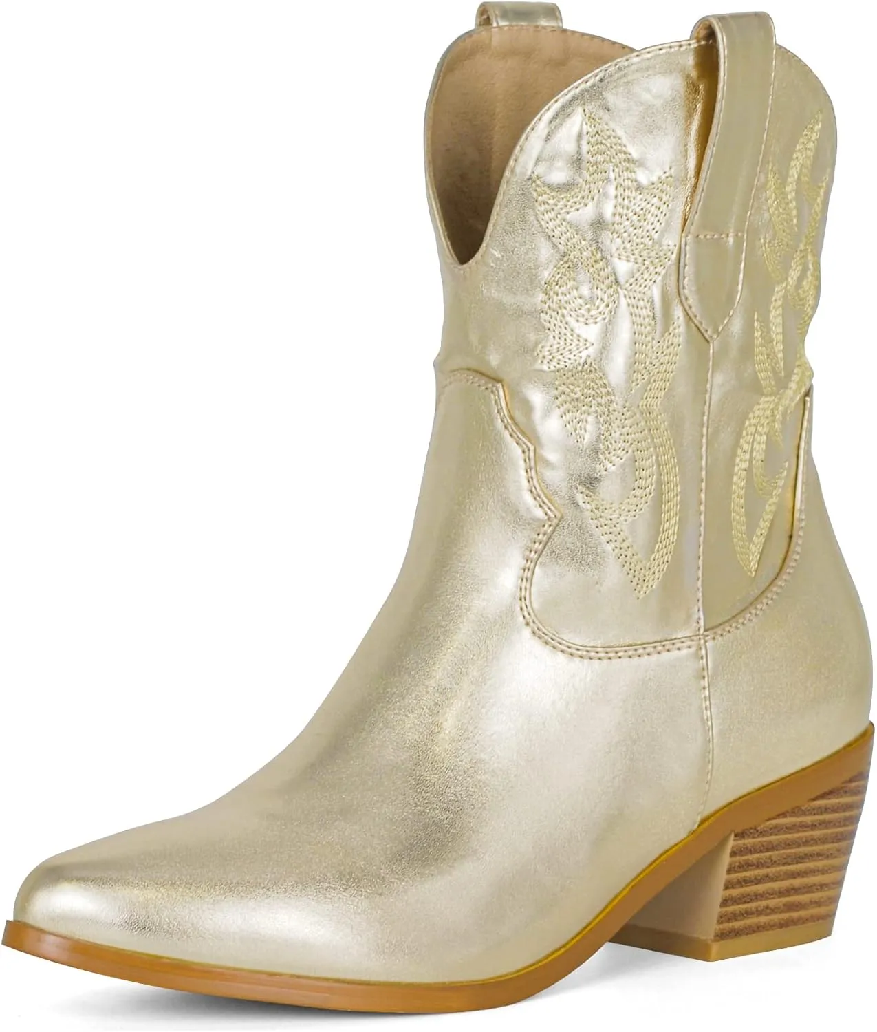 STALOV Women's Western Cowgirl Boots, Embroidered, Silver, Ankle-High, Pointed Toe, Pull-On, Block Heel, Casual, Spring, Fall, Cowboy, Horse Riding