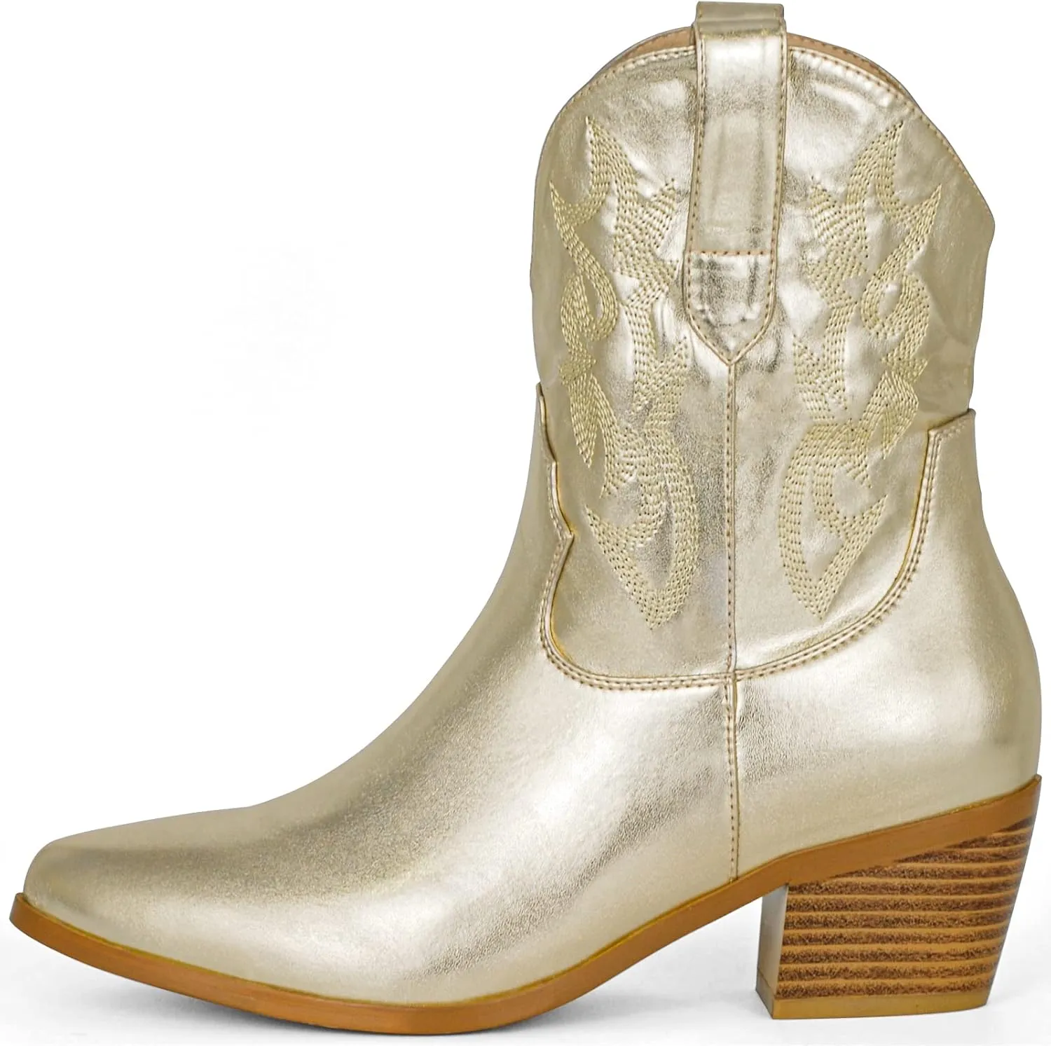 STALOV Women's Western Cowgirl Boots, Embroidered, Silver, Ankle-High, Pointed Toe, Pull-On, Block Heel, Casual, Spring, Fall, Cowboy, Horse Riding