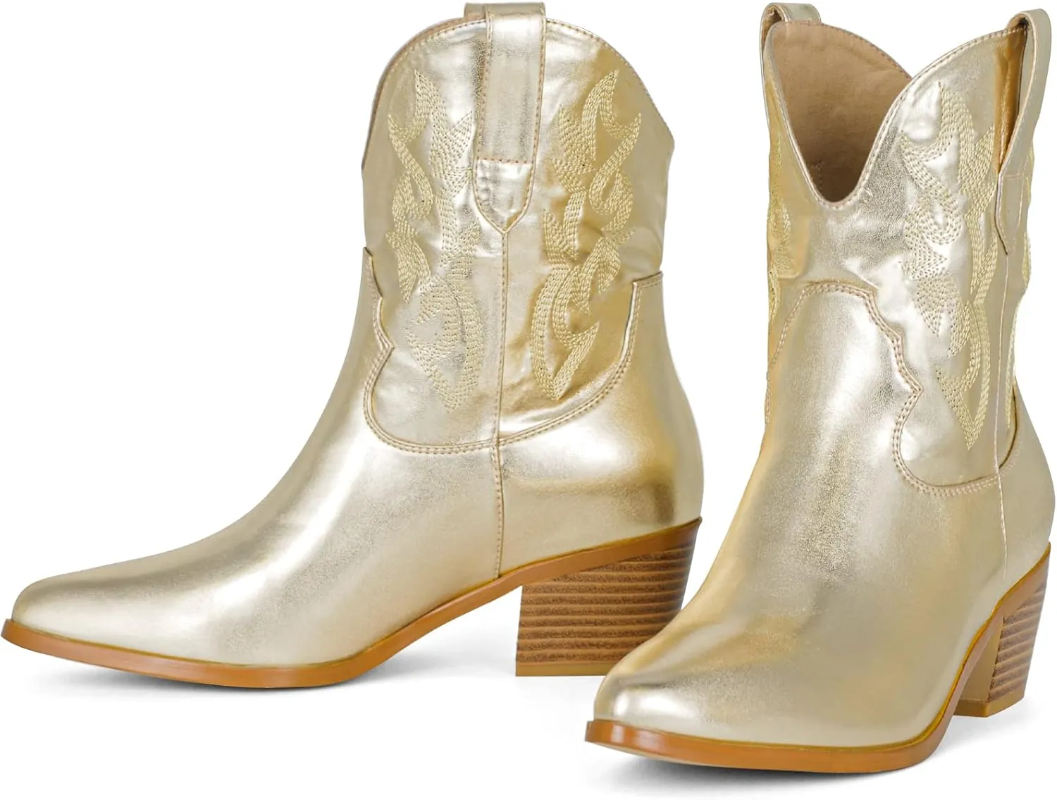 STALOV Women's Western Cowgirl Boots, Embroidered, Silver, Ankle-High, Pointed Toe, Pull-On, Block Heel, Casual, Spring, Fall, Cowboy, Horse Riding