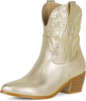 STALOV Women's Western Cowgirl Boots, Embroidered, Silver, Ankle-High, Pointed Toe, Pull-On, Block Heel, Casual, Spring, Fall, Cowboy, Horse Riding