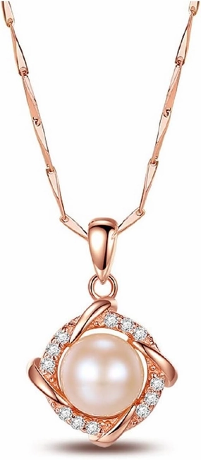 Sterling Silver Lucky 4 Leaf Clover Windmill and Freshwater Pearl Pendant Necklace Pear Jewelry (Rose Gold)