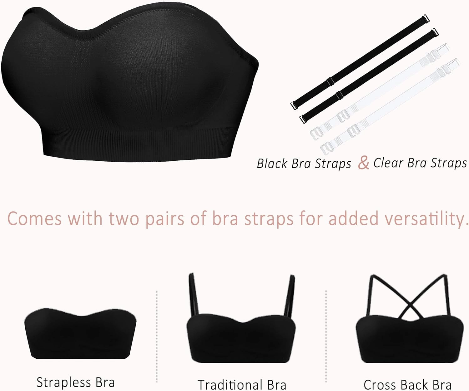 Strapless Bras for Women-Push-Up Non-Slip Bandeau Bra,Seamless Wirefree Padded Tube Top Convertible Straps