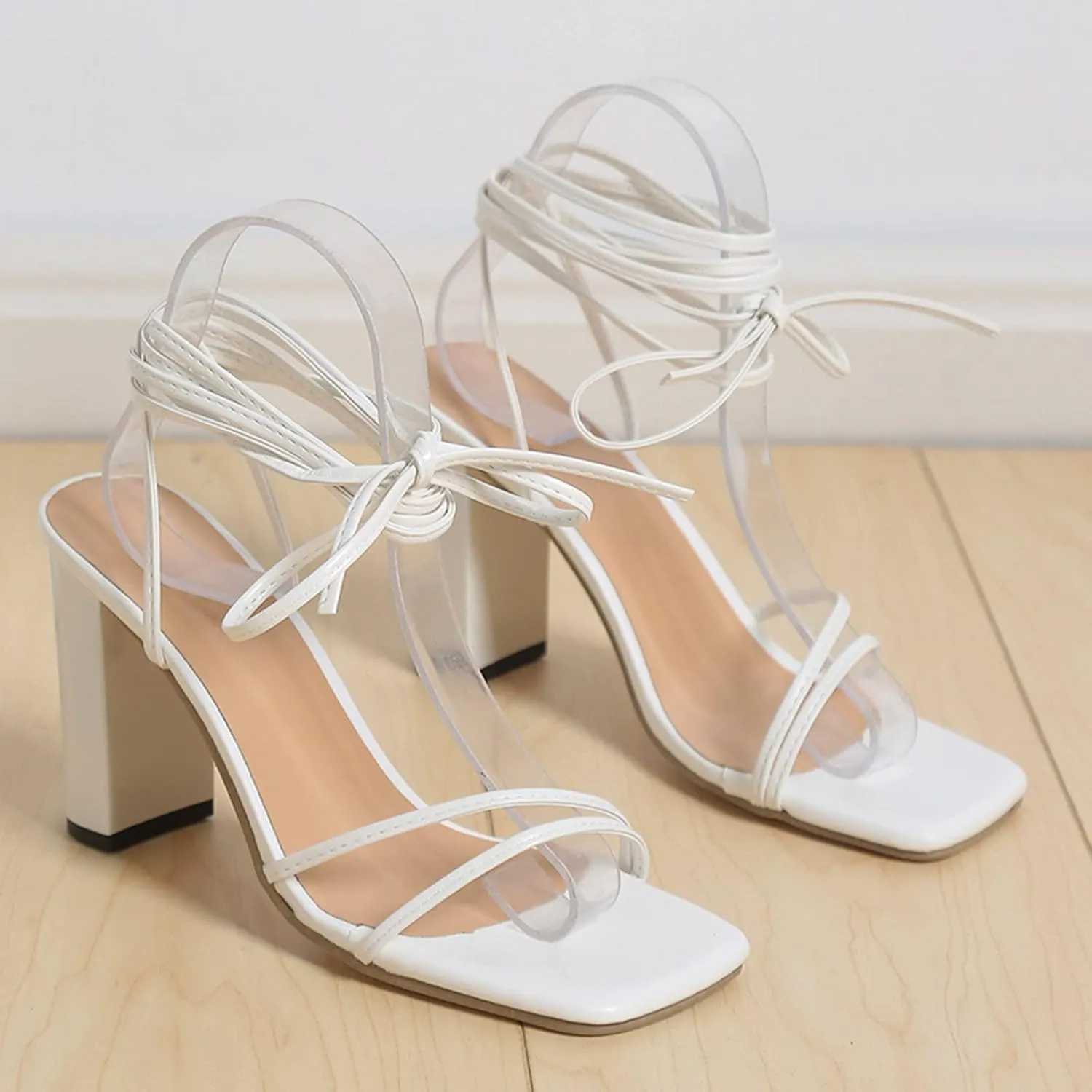 Strappy Heels for Women Bow Ankle Wrap Chunky Heels Open Toe Strappy Sandals Wedding Bride Dressy Pumps Block Heels