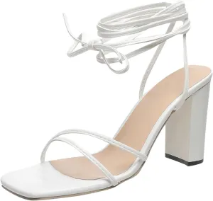 Strappy Heels for Women Bow Ankle Wrap Chunky Heels Open Toe Strappy Sandals Wedding Bride Dressy Pumps Block Heels