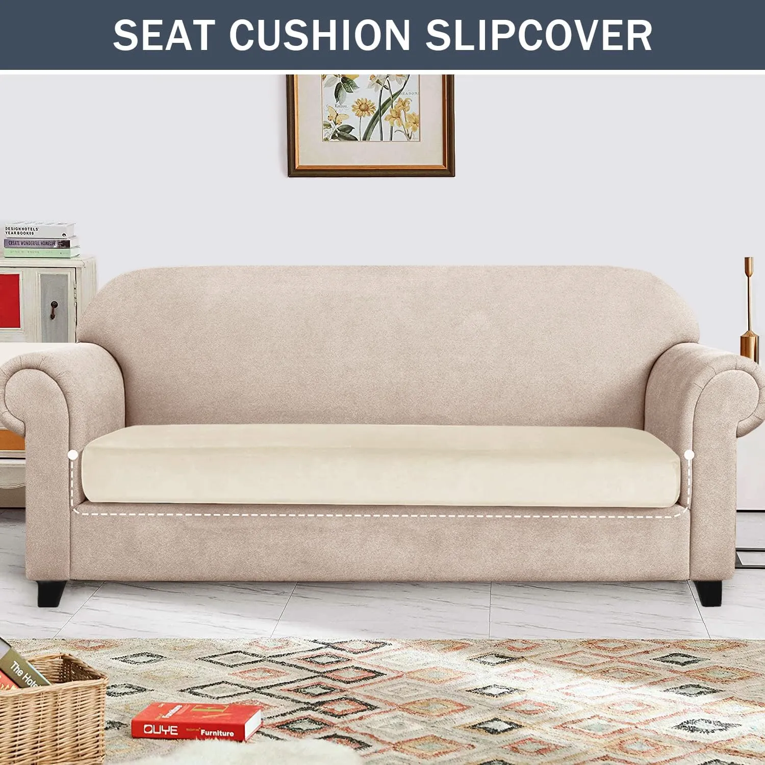 Stretch Cushion Cover, Soft Velvet Plush Cushion Slipcovers Loveseat Sofa Covers Couch Seat Covers Furniture Protector with Elastic Bottom (Beige, X-Large)