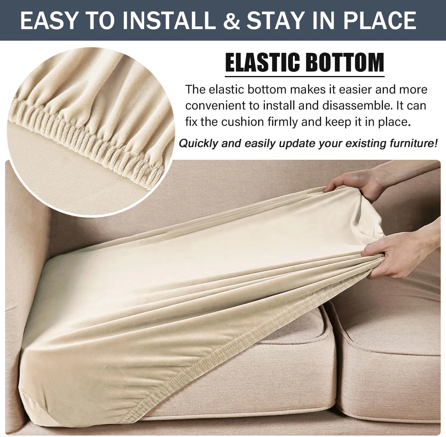 Stretch Cushion Cover, Soft Velvet Plush Cushion Slipcovers Loveseat Sofa Covers Couch Seat Covers Furniture Protector with Elastic Bottom (Beige, X-Large)