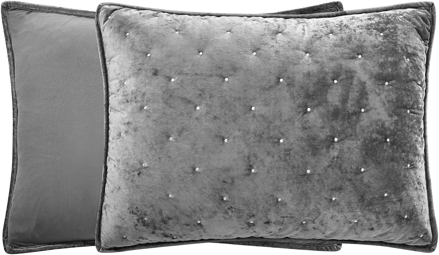 Sunshine Nicole Embroidery Quilt Set with Metallic Silver Thread, Distressed Velvet Face and Brushed Solid Microfiber Reverse, with Light Weight Soft Poly Fill, 3 Pieces Grey Silver, King