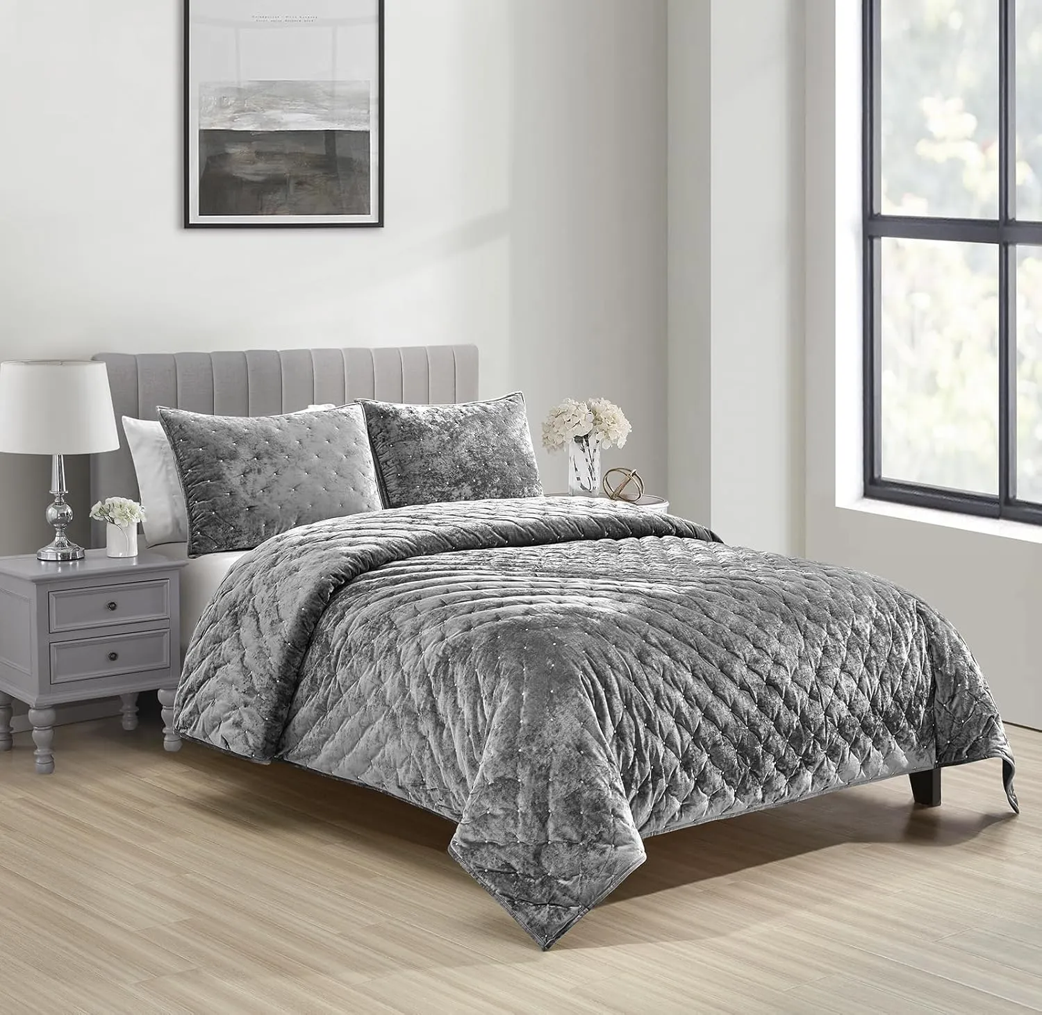 Sunshine Nicole Embroidery Quilt Set with Metallic Silver Thread, Distressed Velvet Face and Brushed Solid Microfiber Reverse, with Light Weight Soft Poly Fill, 3 Pieces Grey Silver, King