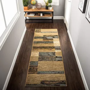 Superior Indoor Runner Rug, Jute Backed, Modern Geometric Patchwork Floor Decor for Bedroom, Office, Living Room, Entryway, Hardwood Floors, Rockwood Collection, 2' 7" x 8', Light Blue-Beige
