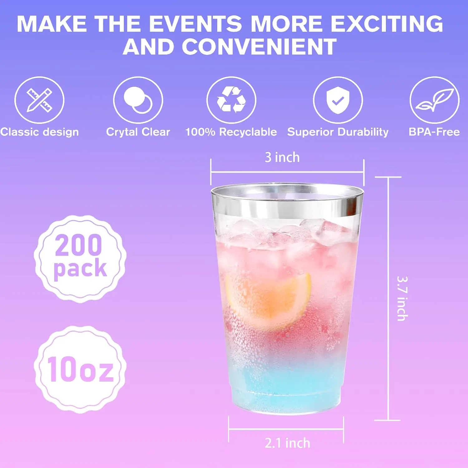 Supernal 200pcs 10oz Silver Plastic Cups,Disposable Plastic Cups,Silver Rimmed Plastic Cups for Wedding, Halloween,Thanksgiving Day, Christmas Party Cocktails Tumblers