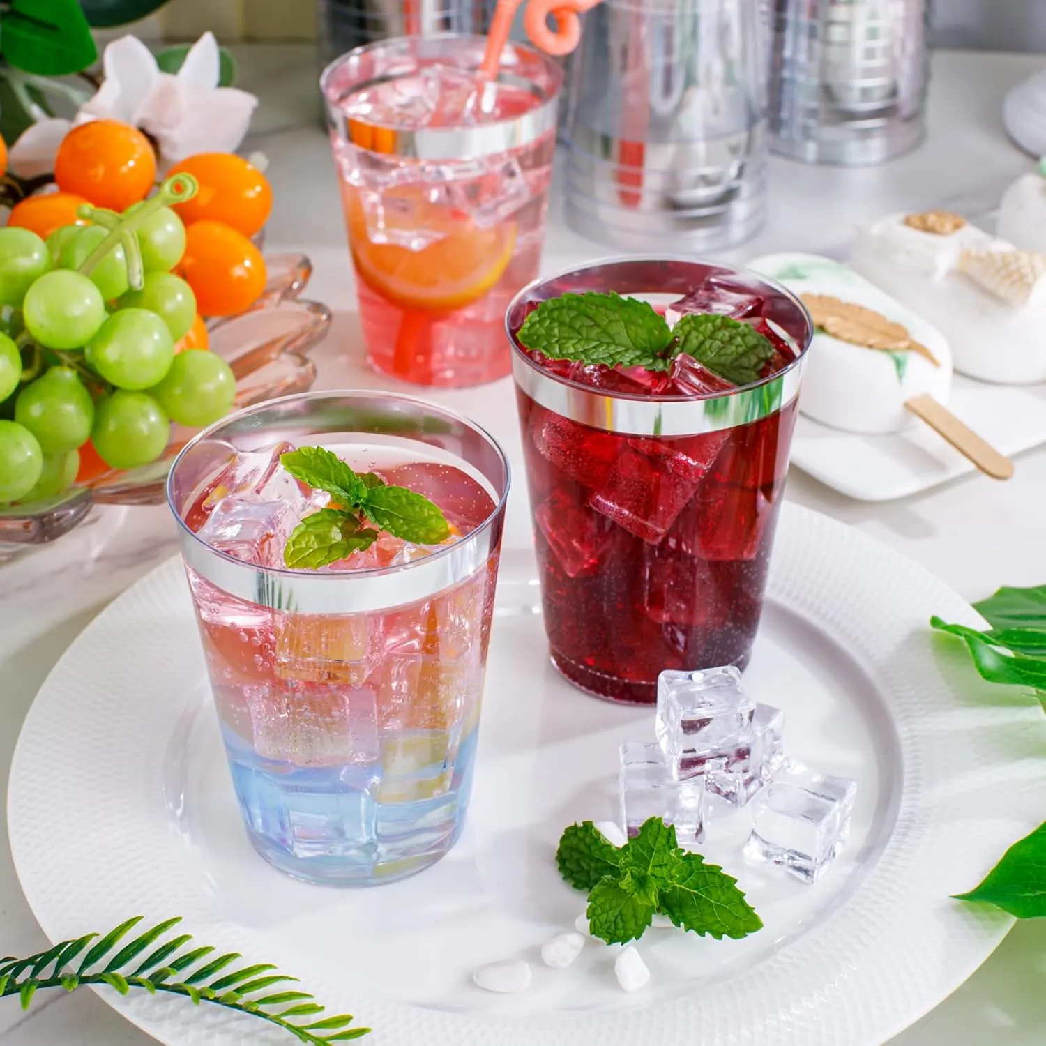 Supernal 200pcs 10oz Silver Plastic Cups,Disposable Plastic Cups,Silver Rimmed Plastic Cups for Wedding, Halloween,Thanksgiving Day, Christmas Party Cocktails Tumblers