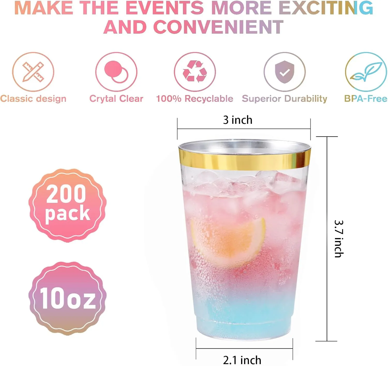supernal 200pcs Gold Plastic Cups,Hard Plastic 10oz Party Cups,Disposable Cups for Picnics, Barbecues, Camping Trips, and Beach Parties,Weddings