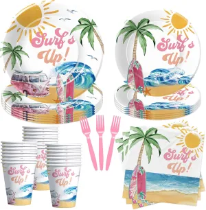 Surfs Up Birthday Plates And Napkin Party Decorations Tableware Girls - Pink Surf Party Supplies, Plate, Cup, Napkin, Fork, Summer Hawaiian Beach Wave Surfing Birthday Decorations | Serve 24