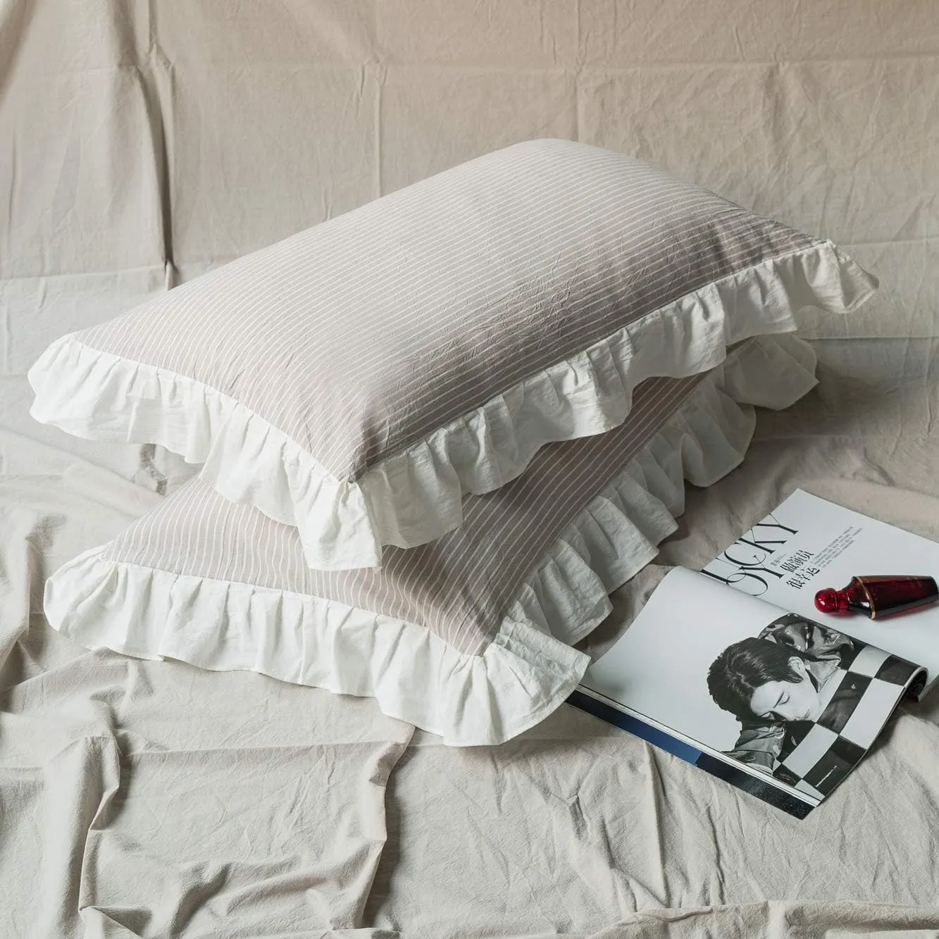 SUSYBAO Beige Farmhouse Duvet Cover Queen 100% Washed Cotton Soft Ruffle Duvet Cover Set 3 Pieces 1 Vintage Striped Duvet Cover with Zipper Ties 2 Pillowcases Luxury Rural Princess Bedding Set Durable