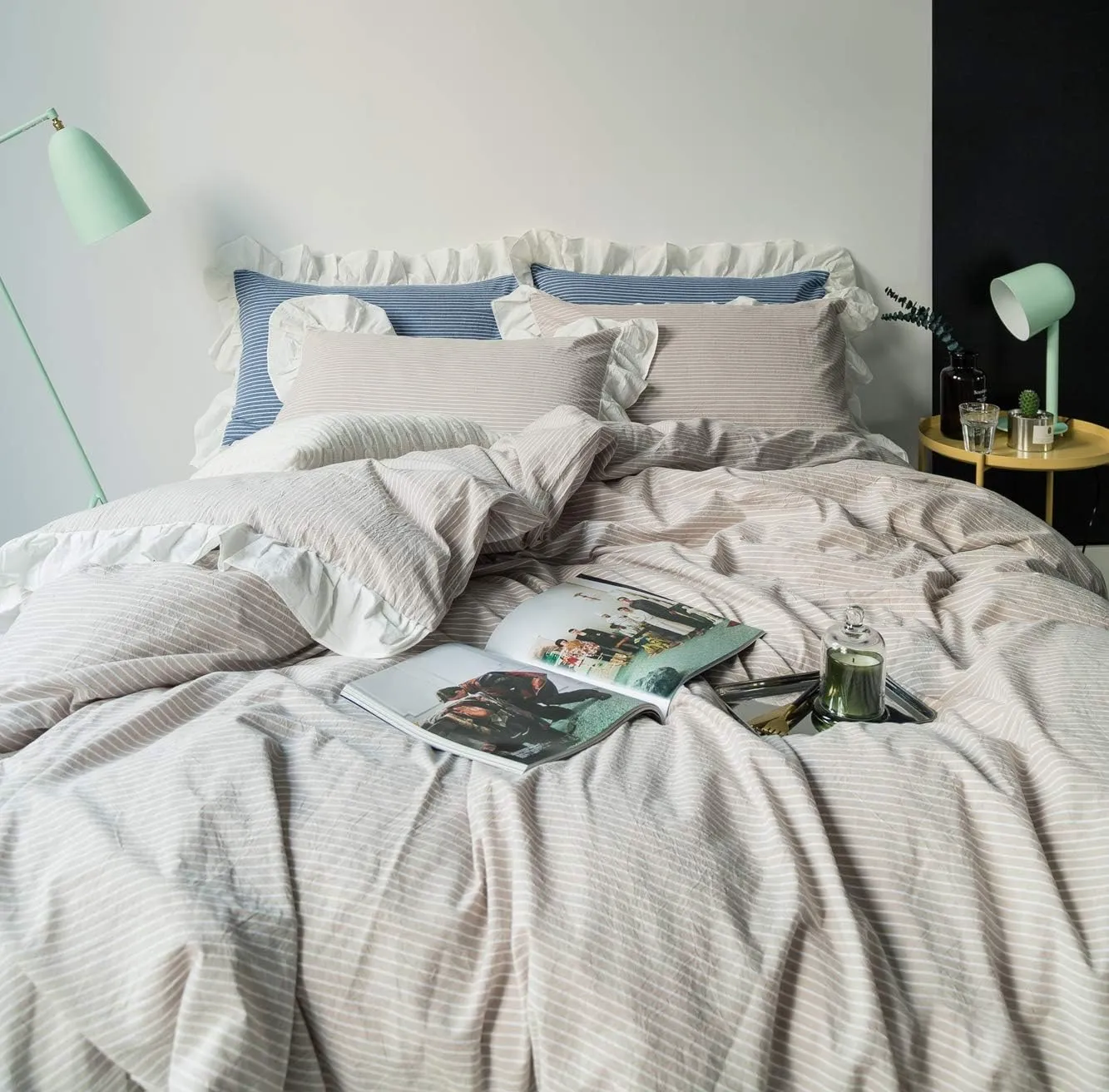 SUSYBAO Beige Farmhouse Duvet Cover Queen 100% Washed Cotton Soft Ruffle Duvet Cover Set 3 Pieces 1 Vintage Striped Duvet Cover with Zipper Ties 2 Pillowcases Luxury Rural Princess Bedding Set Durable