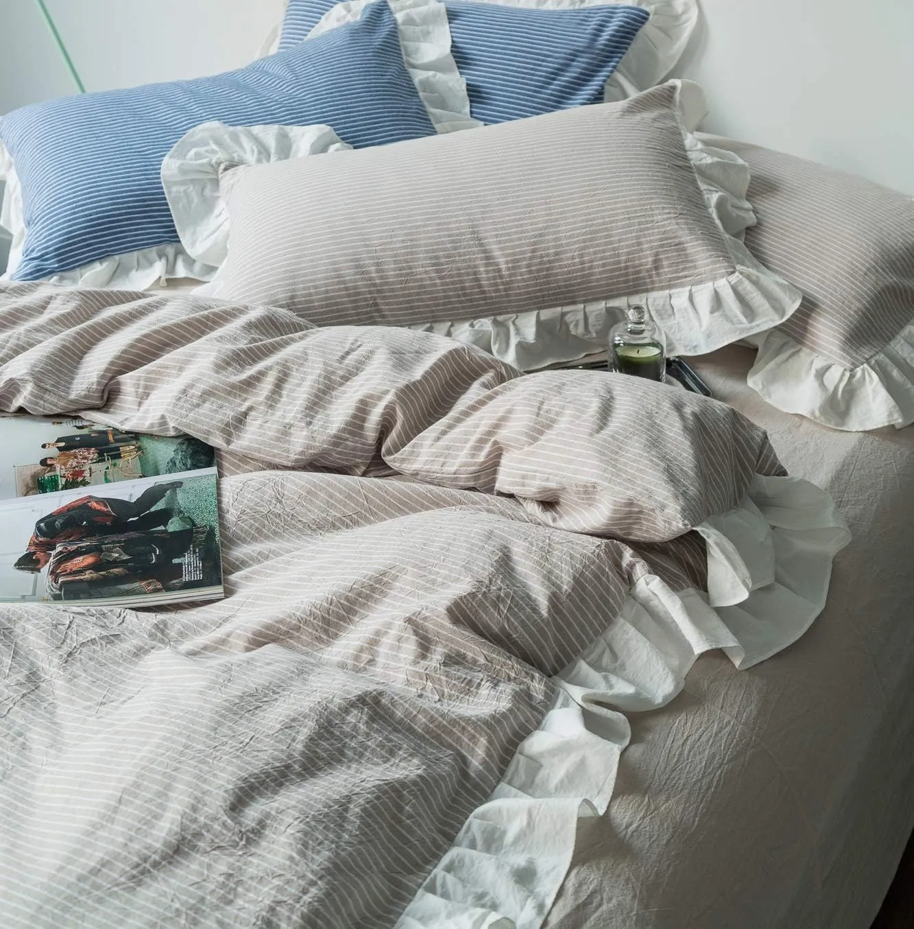 SUSYBAO Beige Farmhouse Duvet Cover Queen 100% Washed Cotton Soft Ruffle Duvet Cover Set 3 Pieces 1 Vintage Striped Duvet Cover with Zipper Ties 2 Pillowcases Luxury Rural Princess Bedding Set Durable