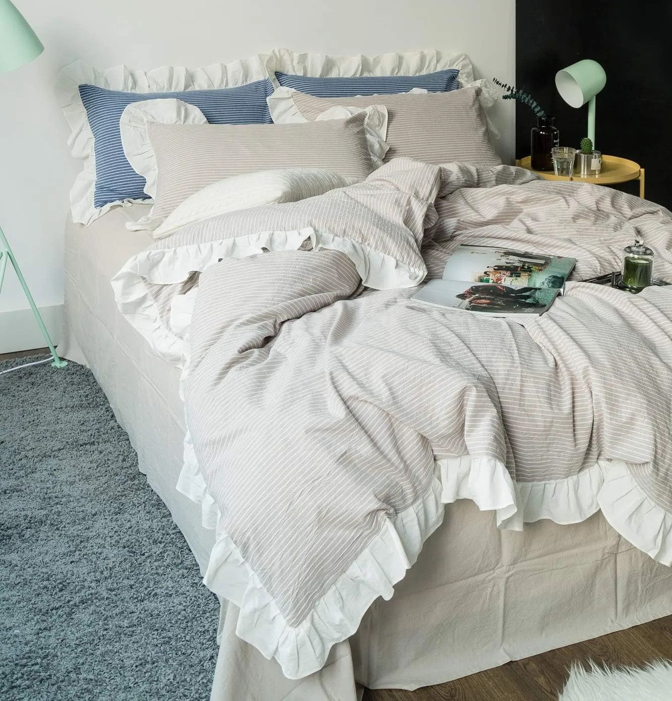 SUSYBAO Beige Farmhouse Duvet Cover Queen 100% Washed Cotton Soft Ruffle Duvet Cover Set 3 Pieces 1 Vintage Striped Duvet Cover with Zipper Ties 2 Pillowcases Luxury Rural Princess Bedding Set Durable