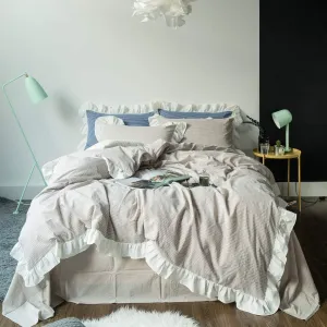 SUSYBAO Beige Farmhouse Duvet Cover Queen 100% Washed Cotton Soft Ruffle Duvet Cover Set 3 Pieces 1 Vintage Striped Duvet Cover with Zipper Ties 2 Pillowcases Luxury Rural Princess Bedding Set Durable