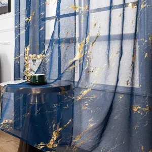 Sutuo Home Marble Sheer Curtains 72 Inch Long 2 Panels Set, Gold Print Metallic Bronzing, Privacy Window Treatment Abstract Golden Drape Christmas Pair for Bedroom Living Room 52" W x 72" L, Navy Blue