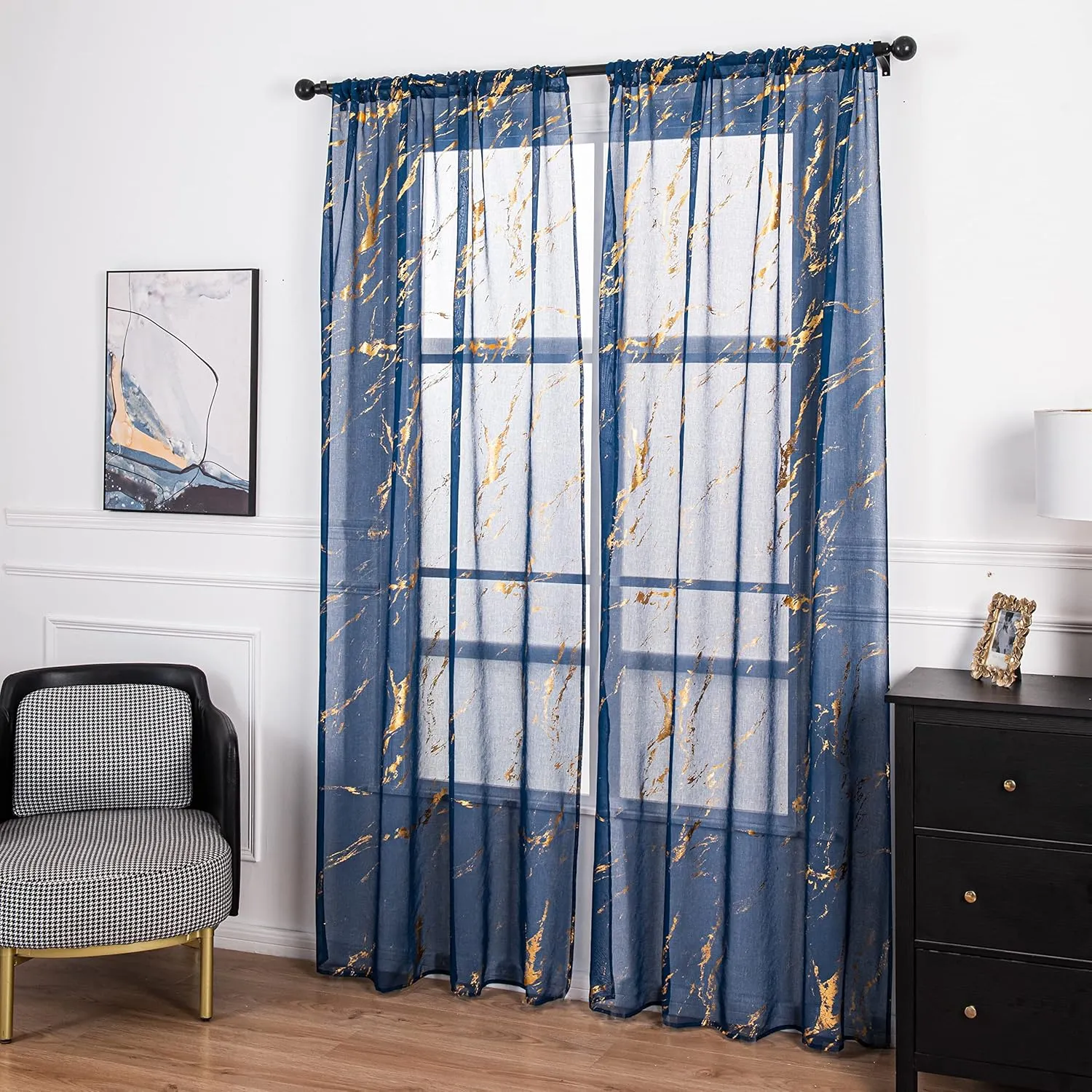 Sutuo Home Marble Sheer Curtains 72 Inch Long 2 Panels Set, Gold Print Metallic Bronzing, Privacy Window Treatment Abstract Golden Drape Christmas Pair for Bedroom Living Room 52" W x 72" L, Navy Blue