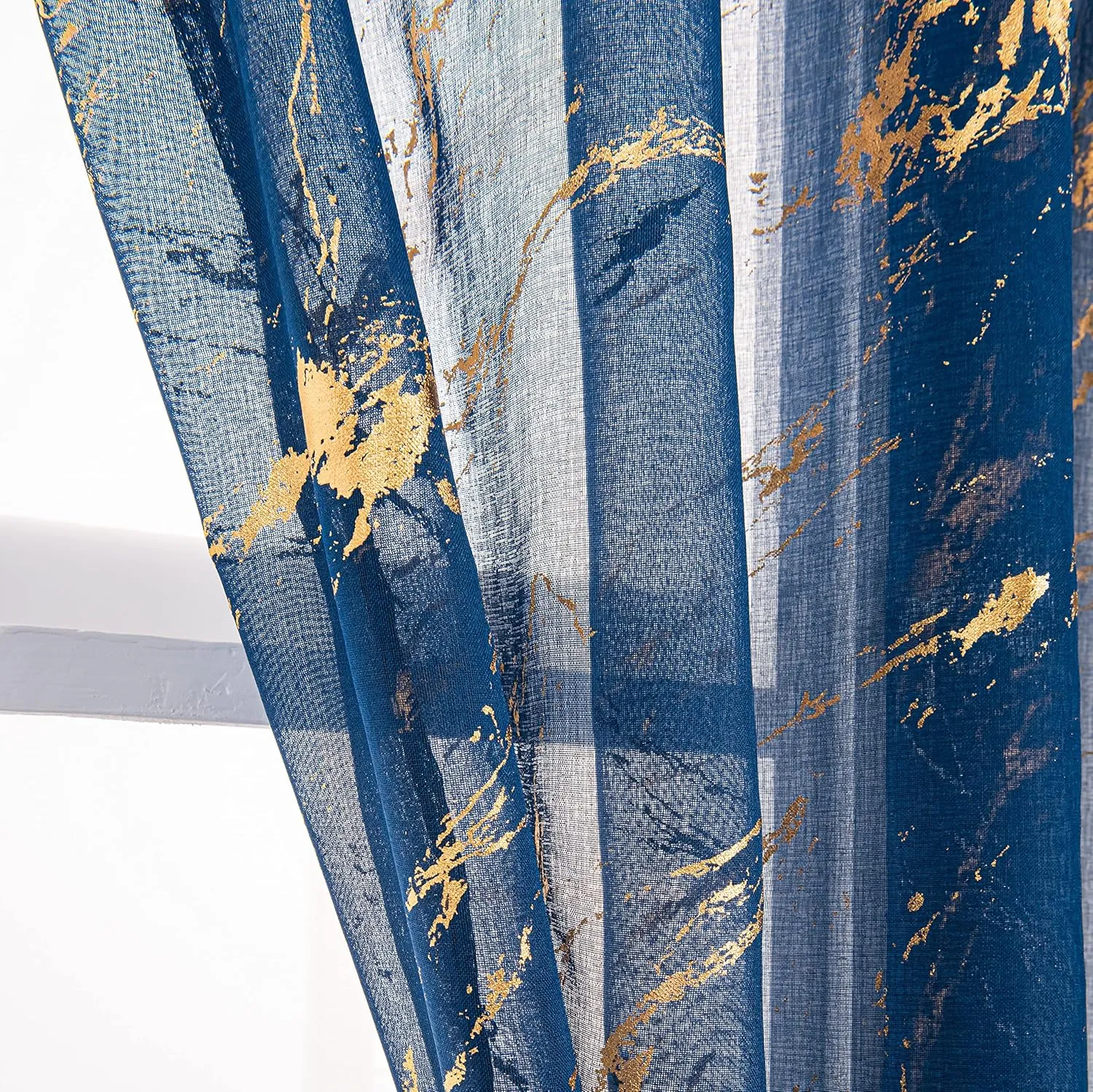 Sutuo Home Marble Sheer Curtains 72 Inch Long 2 Panels Set, Gold Print Metallic Bronzing, Privacy Window Treatment Abstract Golden Drape Christmas Pair for Bedroom Living Room 52" W x 72" L, Navy Blue