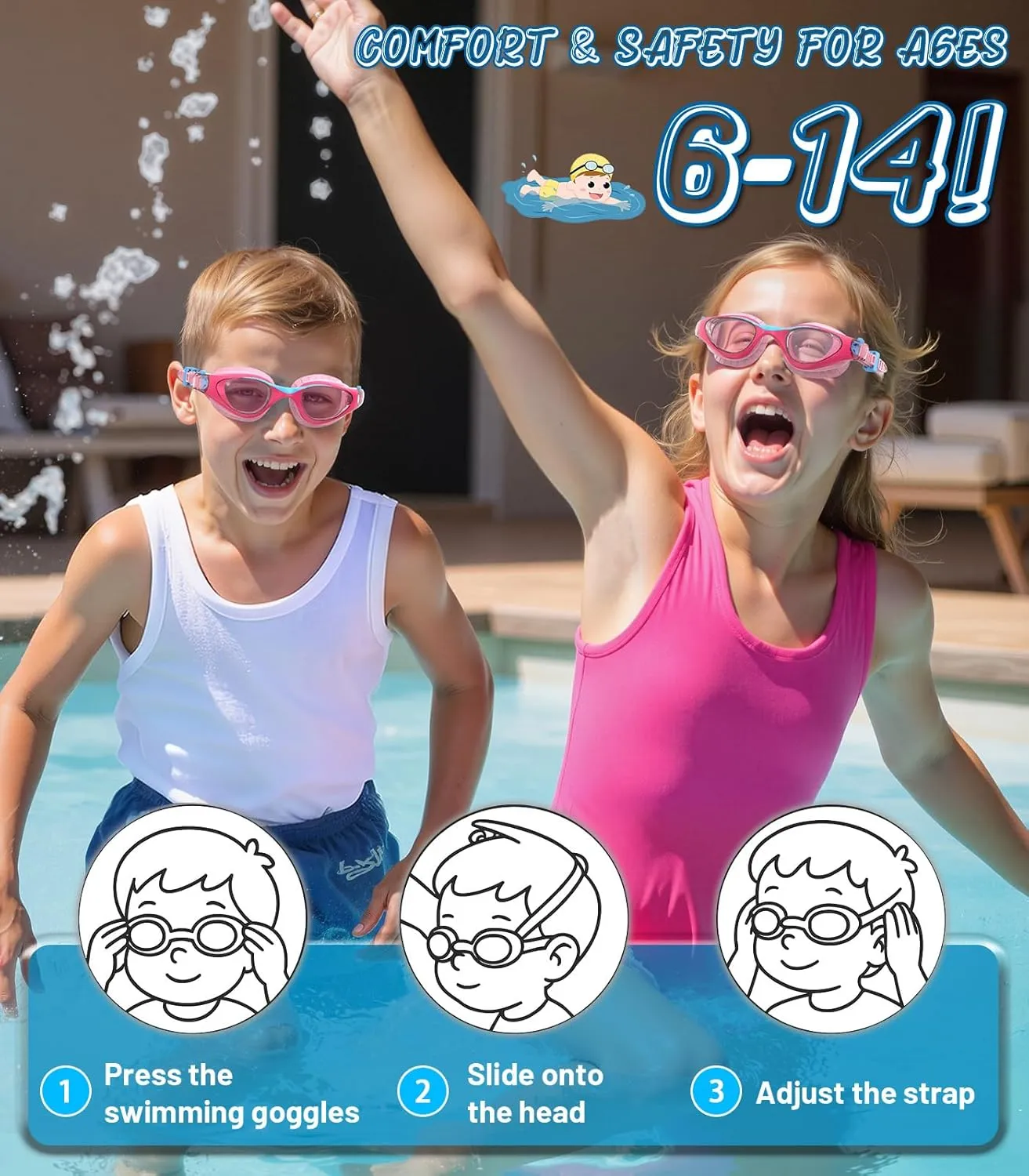 Swim Goggles for Kids 6-14, Anti-Fog UV Protection Clear Swimming Goggles, Leakproof Pool Swim Goggles for Boys Girls