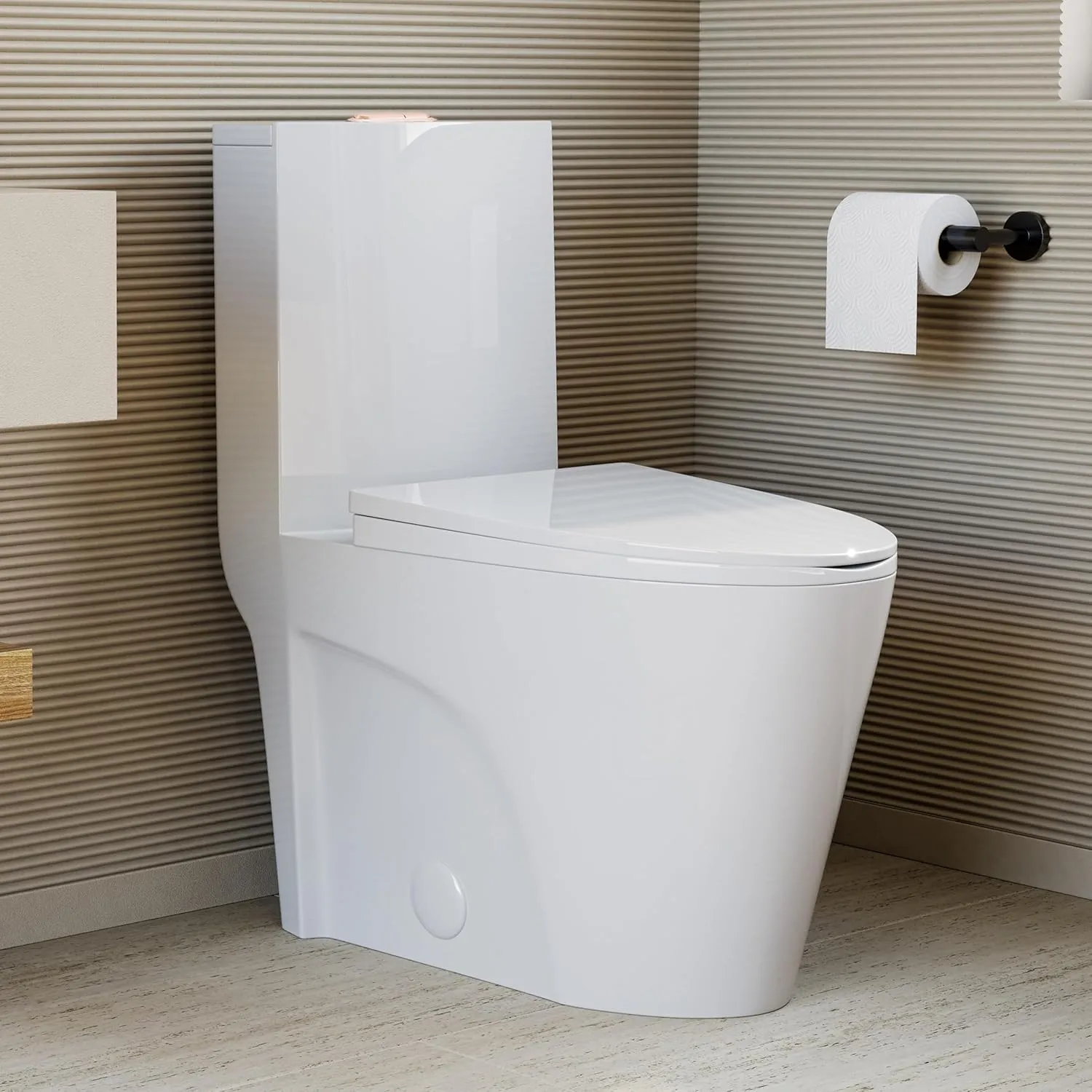 Swiss Madison St. Tropez SM-1T254 One-Piece Elongated Toilet Vortex Dual-Flush 1.1/1.6 gpf with Comfort Chair Seat ADA Height in Glossy White with Rose Gold Hardware