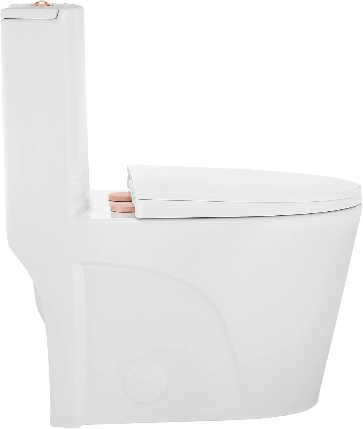 Swiss Madison St. Tropez SM-1T254 One-Piece Elongated Toilet Vortex Dual-Flush 1.1/1.6 gpf with Comfort Chair Seat ADA Height in Glossy White with Rose Gold Hardware