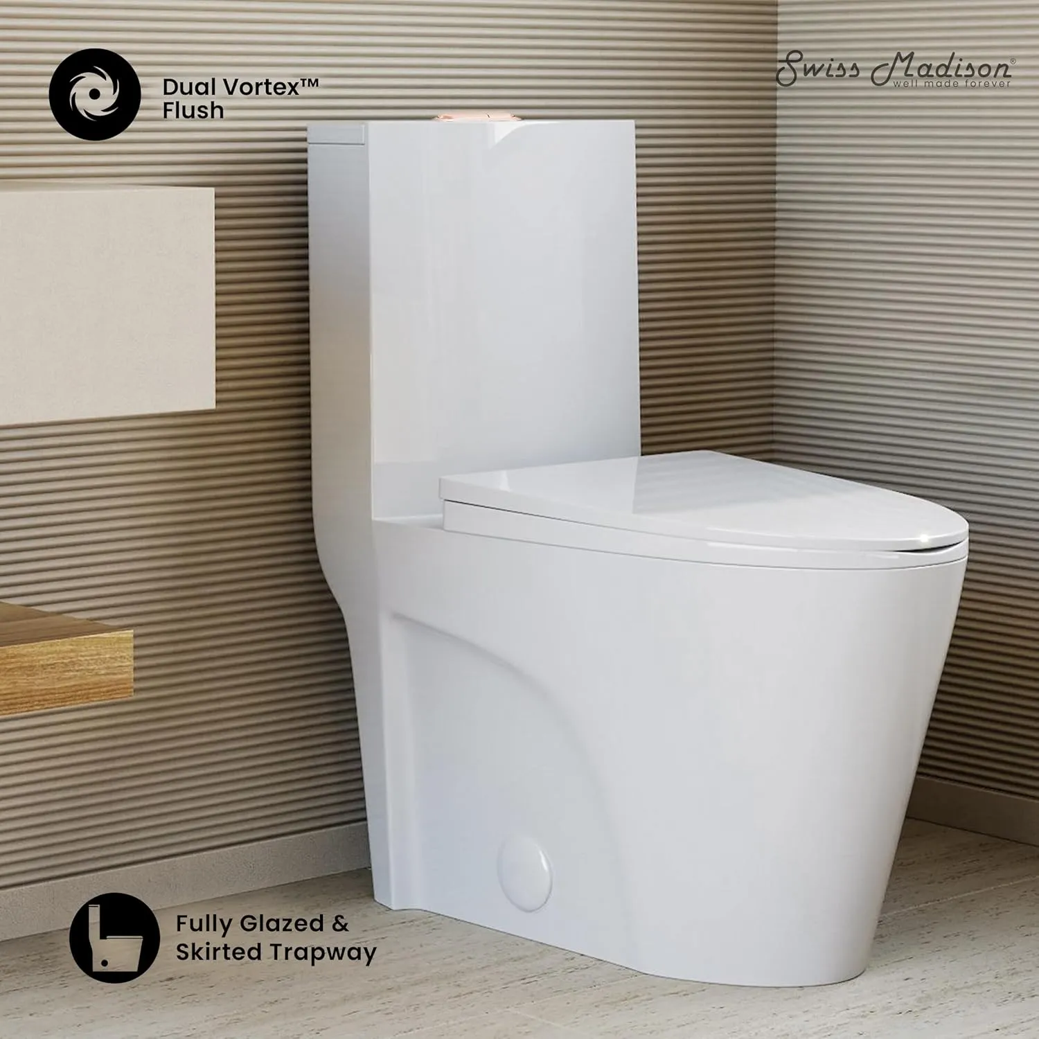 Swiss Madison St. Tropez SM-1T254 One-Piece Elongated Toilet Vortex Dual-Flush 1.1/1.6 gpf with Comfort Chair Seat ADA Height in Glossy White with Rose Gold Hardware