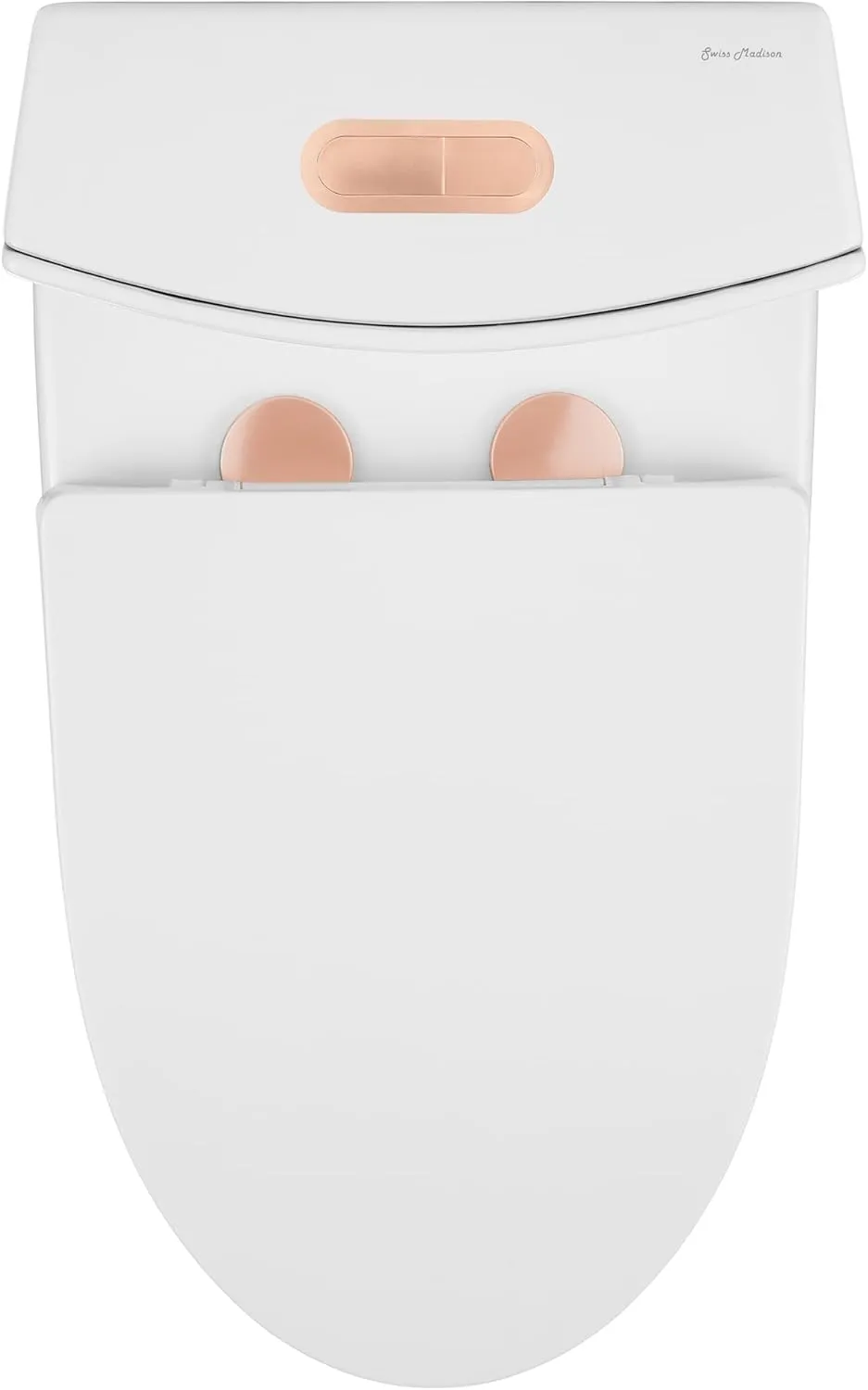 Swiss Madison St. Tropez SM-1T254 One-Piece Elongated Toilet Vortex Dual-Flush 1.1/1.6 gpf with Comfort Chair Seat ADA Height in Glossy White with Rose Gold Hardware