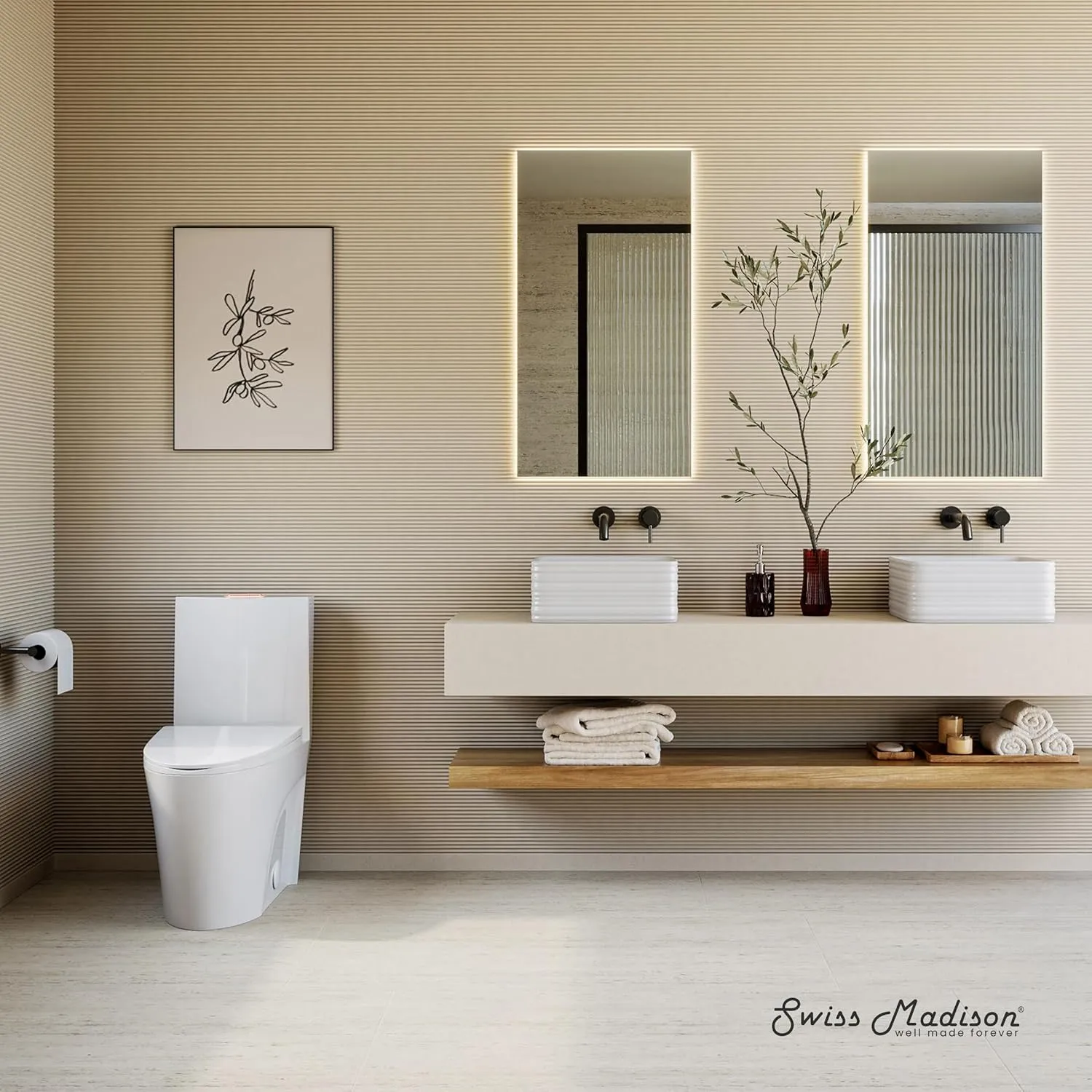 Swiss Madison St. Tropez SM-1T254 One-Piece Elongated Toilet Vortex Dual-Flush 1.1/1.6 gpf with Comfort Chair Seat ADA Height in Glossy White with Rose Gold Hardware