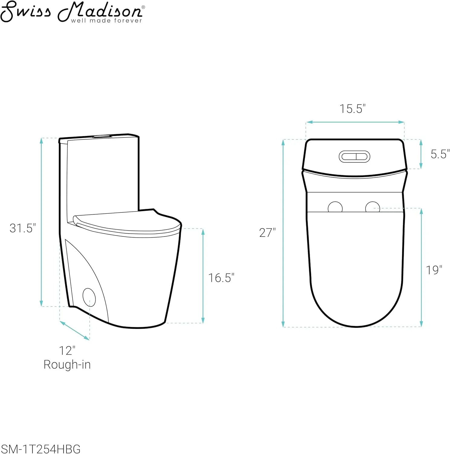 Swiss Madison St. Tropez SM-1T254 One-Piece Elongated Toilet Vortex Dual-Flush 1.1/1.6 gpf with Comfort Chair Seat ADA Height in Glossy White with Rose Gold Hardware