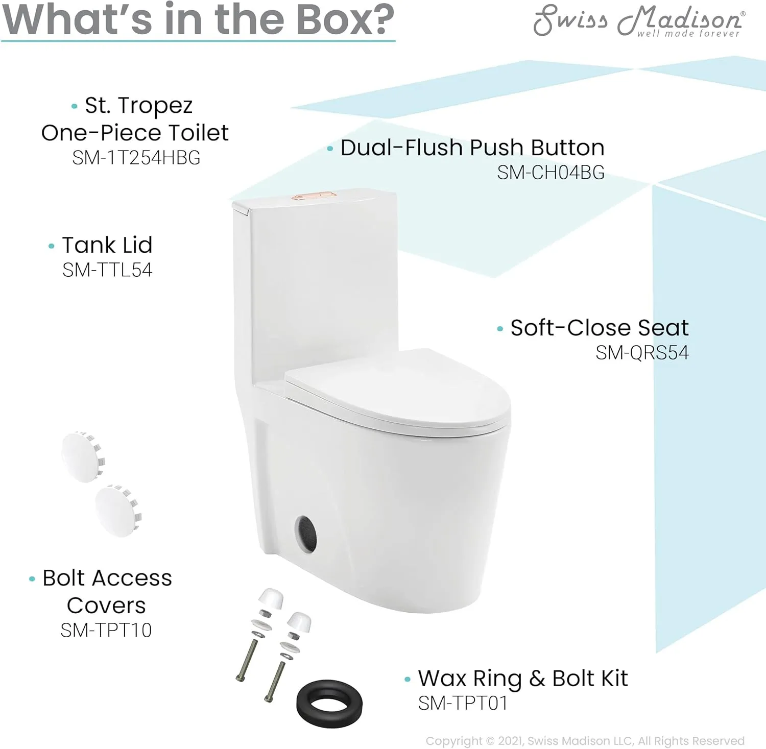 Swiss Madison St. Tropez SM-1T254 One-Piece Elongated Toilet Vortex Dual-Flush 1.1/1.6 gpf with Comfort Chair Seat ADA Height in Glossy White with Rose Gold Hardware