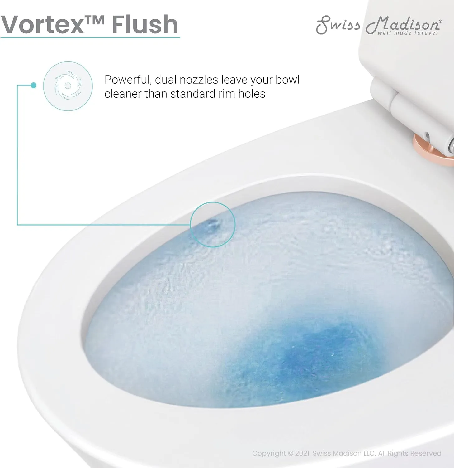 Swiss Madison St. Tropez SM-1T254 One-Piece Elongated Toilet Vortex Dual-Flush 1.1/1.6 gpf with Comfort Chair Seat ADA Height in Glossy White with Rose Gold Hardware