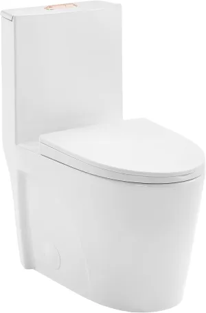 Swiss Madison St. Tropez SM-1T254 One-Piece Elongated Toilet Vortex Dual-Flush 1.1/1.6 gpf with Comfort Chair Seat ADA Height in Glossy White with Rose Gold Hardware
