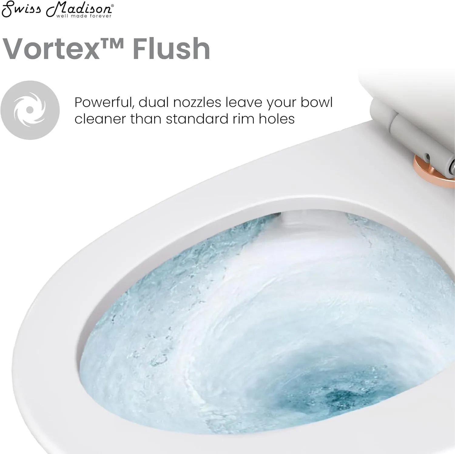 Swiss Madison St. Tropez SM-1T254 One-Piece Elongated Toilet Vortex Dual-Flush 1.1/1.6 gpf with Comfort Chair Seat ADA Height in Glossy White with Rose Gold Hardware